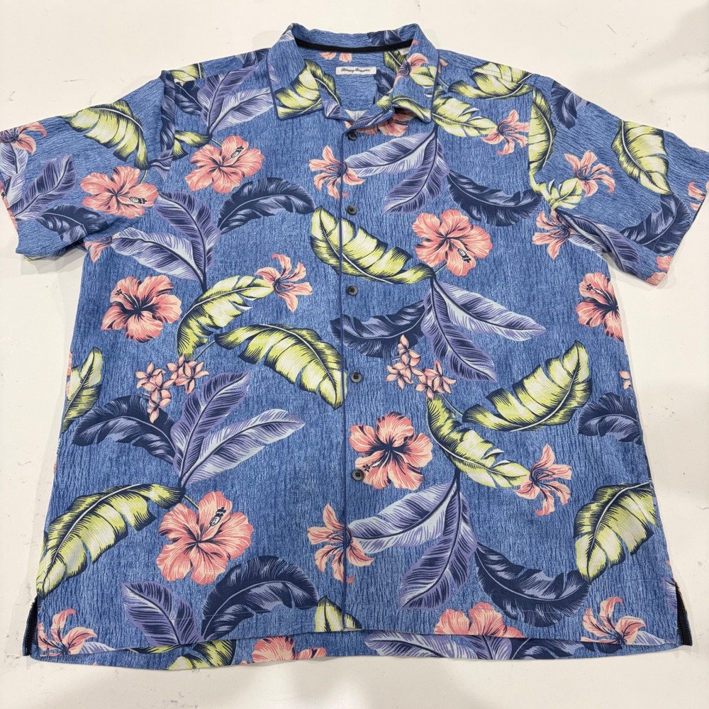 Tommy Bahama Mens XXL Blue Tropical Floral Palm Short Sleeve Button Up Shirt